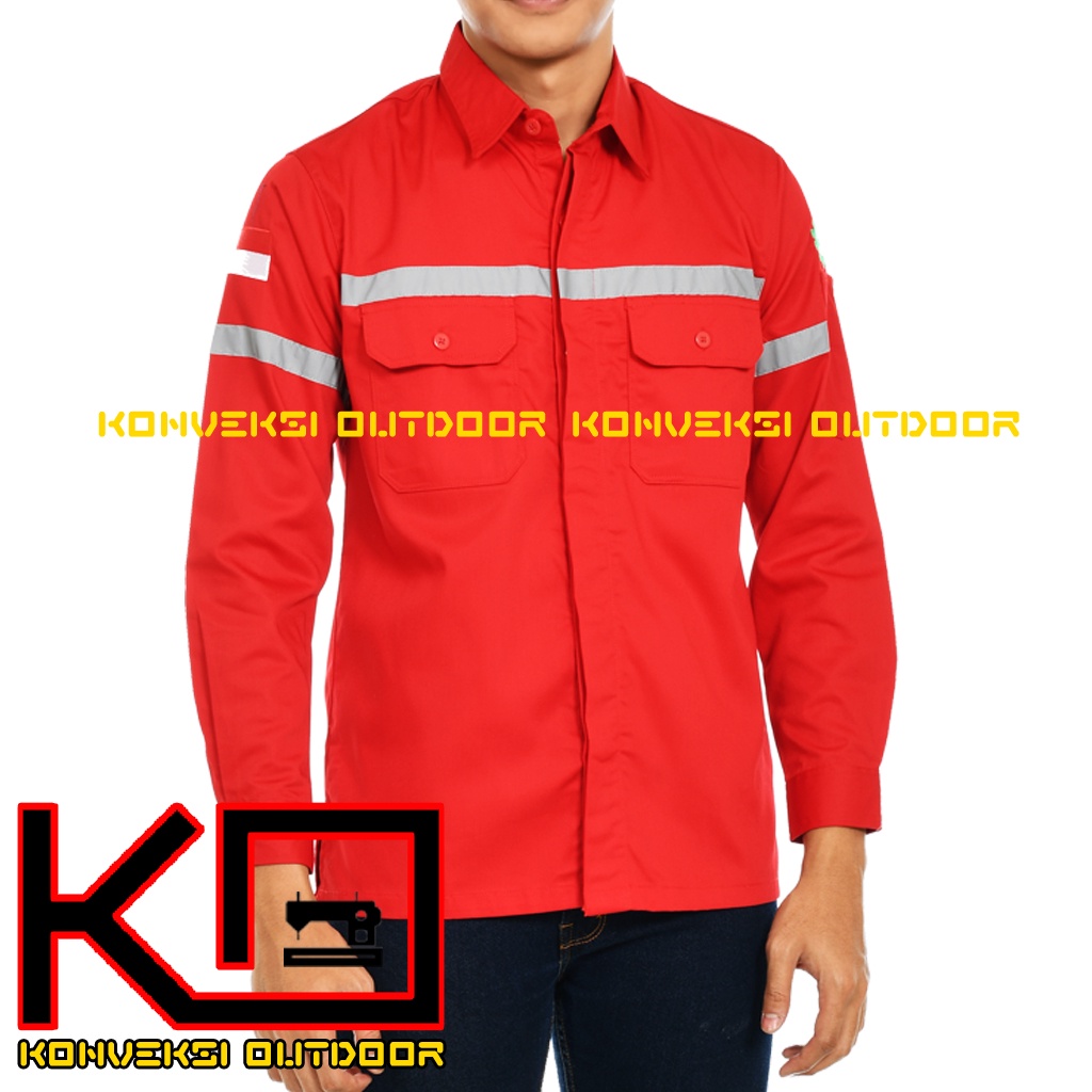 Kemeja Safety Pria Lengan Panjang - Baju Kemeja Kerja Proyek Wearpack Safety K3 Lapangan Outdoor Scotlite Indonesia Tebal Tambang Listrik Mekanik Teknisi Mesin Bangunan Werpack Driver Operator PLN Intalasi Listrik Enginer Teknik Sipil Kilang Warna Merah