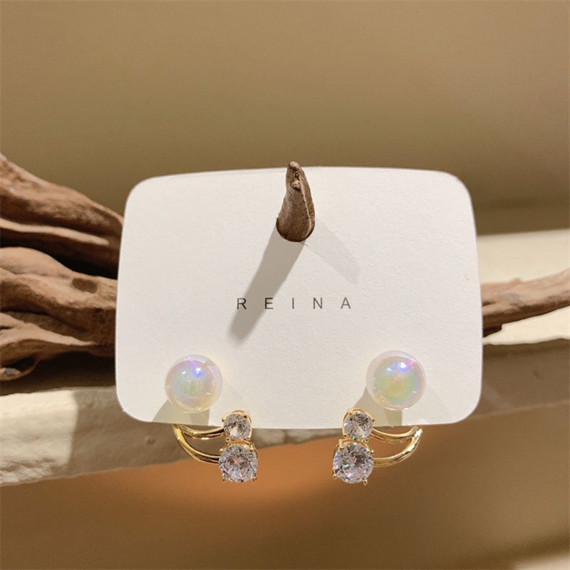 Anting Stud Mutiara Berlian Imitasi Bentuk Geometris Gaya Korea