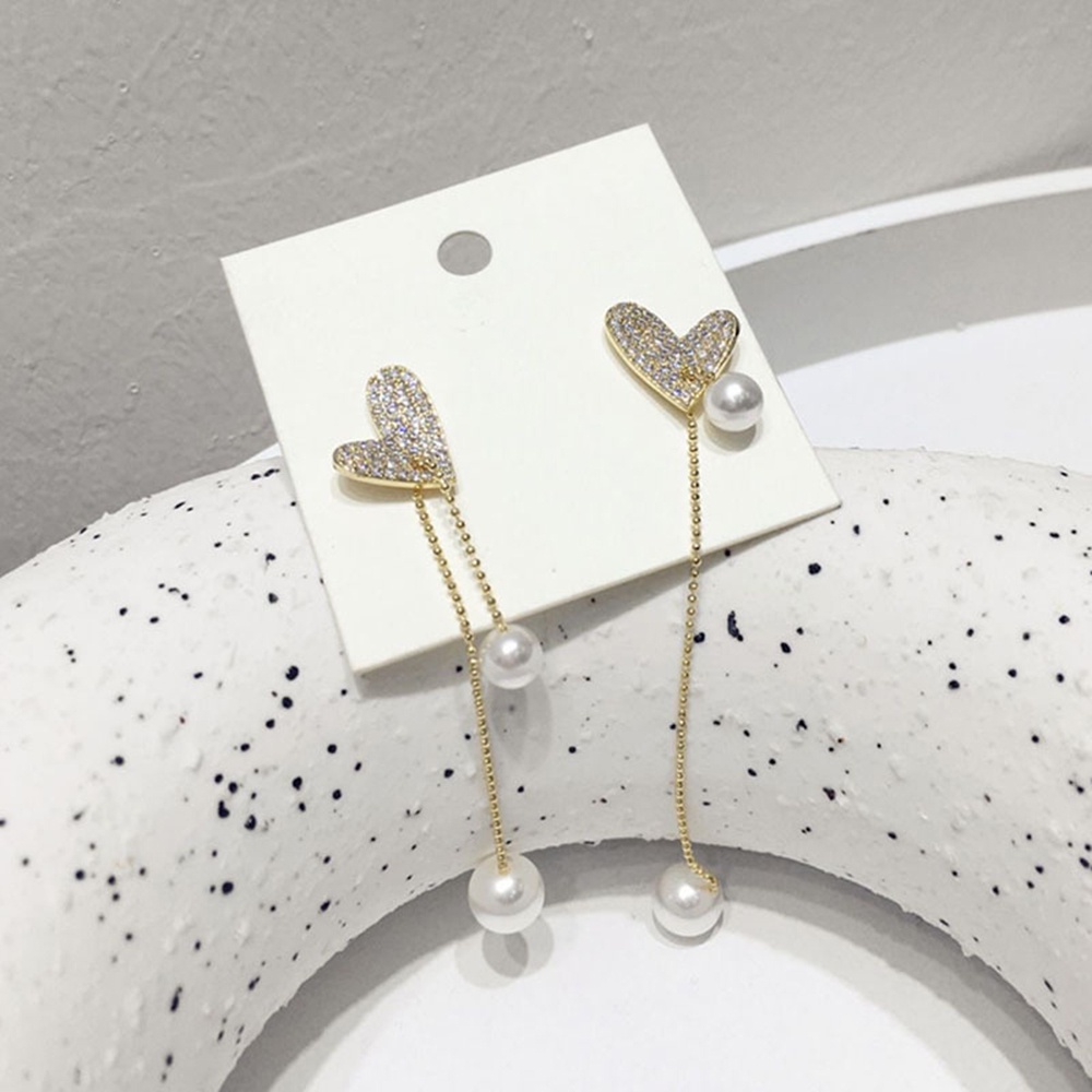 【COD Tangding】 Anting Tusuk Gantung Bentuk Hati Aksen Rumbai Mutiara Imitasi Untuk Wanita