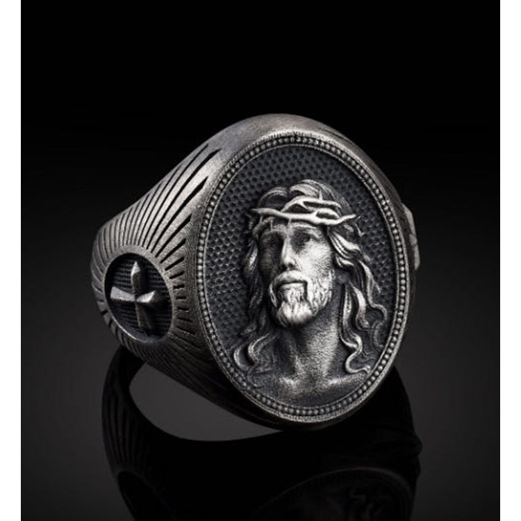 Cincin Bentuk Oval Desain Yesus Bahan Stainless Steel Warna Hitam