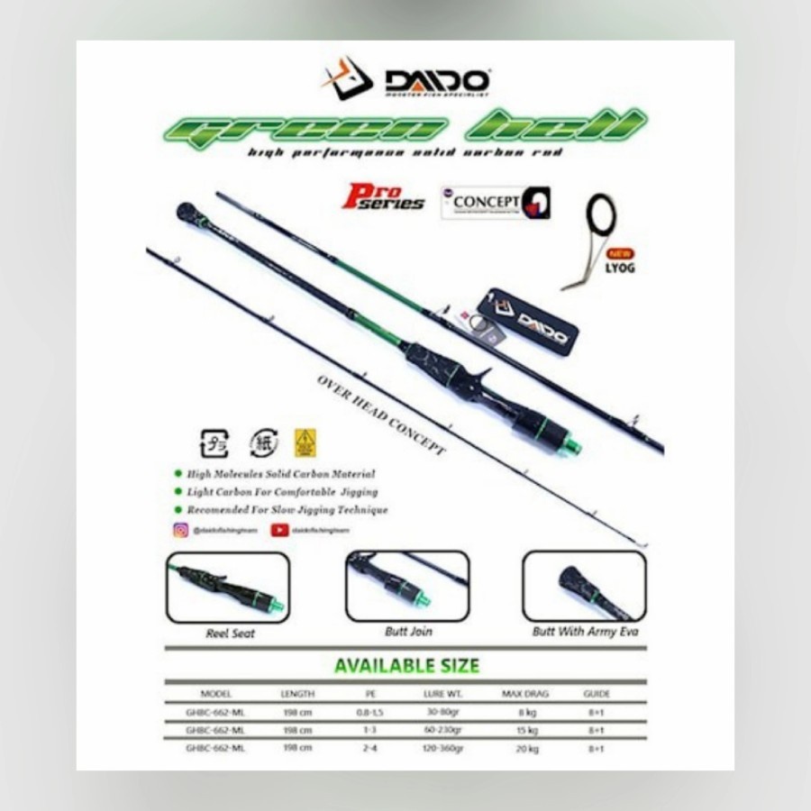 Rod Joran Jigging Daido Green Hell 198cm Spinning/OH PE 2-4 Pancing