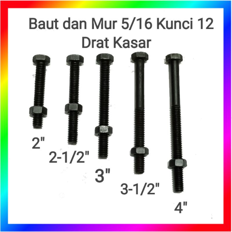 Baut dan mur 5/16&quot; inci hitam kepala kunci 12 drat kasar 2-4inci