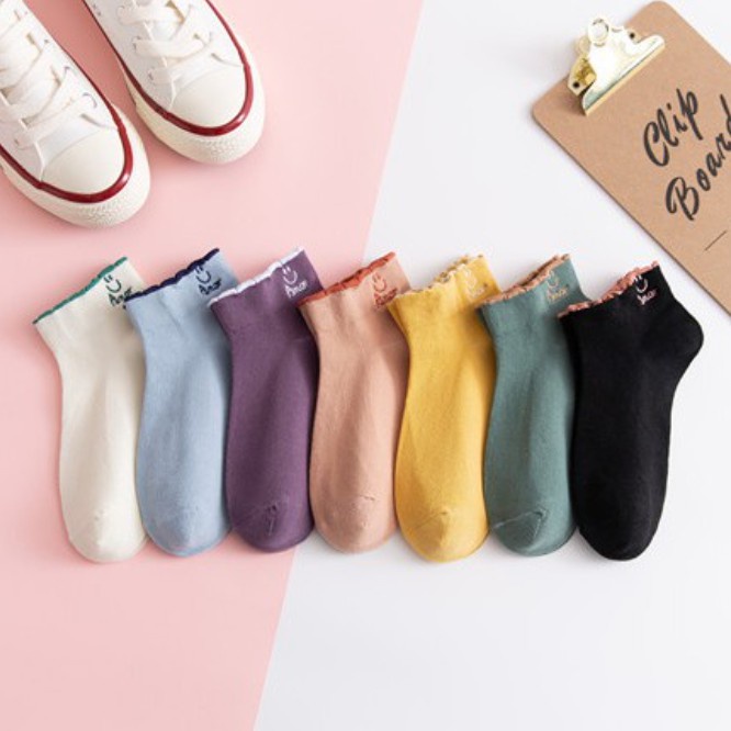 OVERFLOWS.ID Kaos Kaki Import Mata Kaki Ankle Sock Pendek Wanita Remaja Motif Smile Gelombang Kaos kaki Miki Lucu-SMILE BIRU