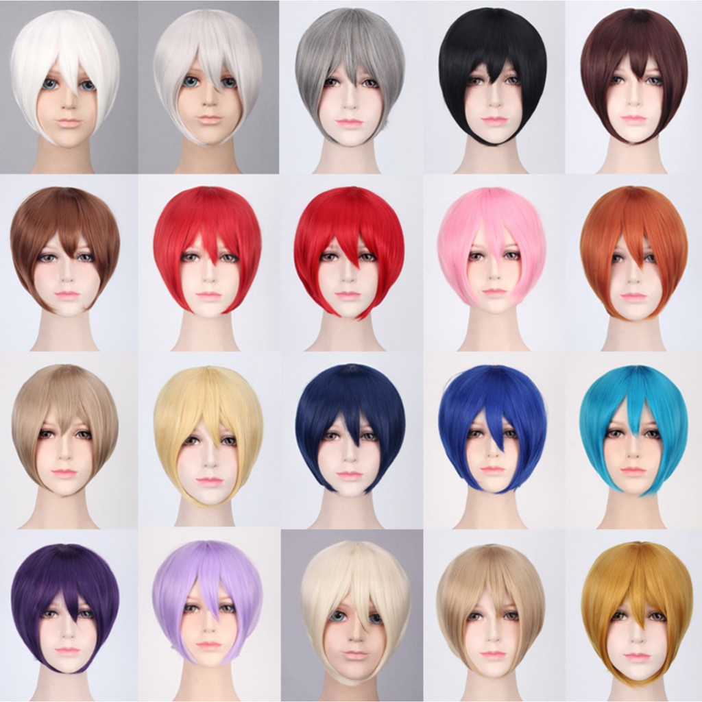 K047 wig base cowok pendek cosplay rambut palsu 30 cm hitam abu gray brown daily lolita