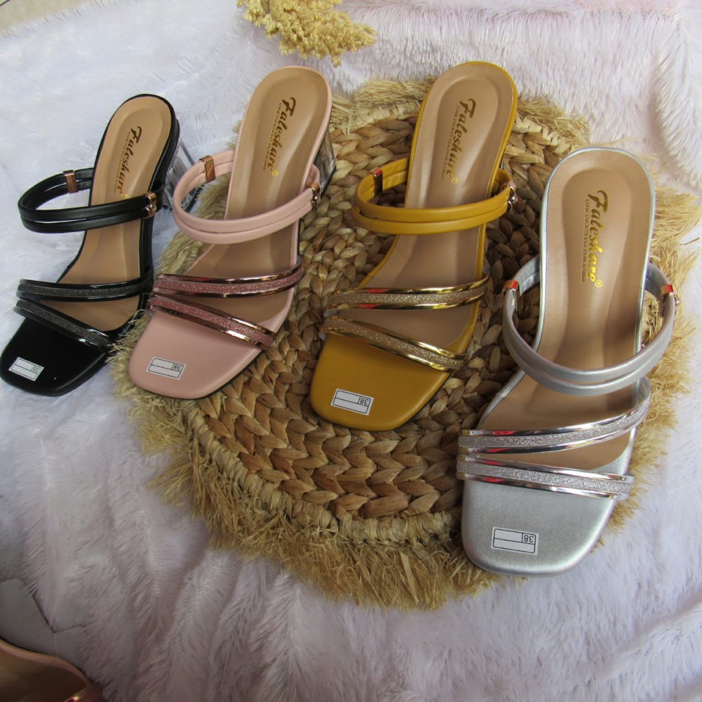 Sandal wanita hak kaca slop tali fashionable