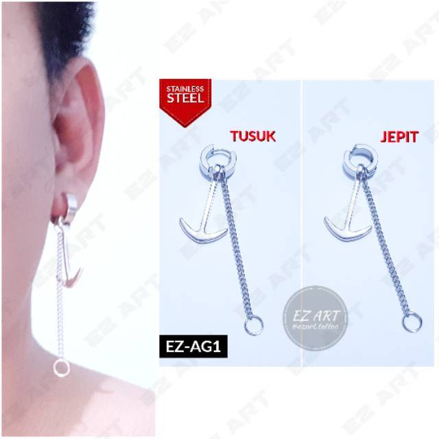1Pc Model EZ-AG Silver Anting Pria dan Wanita Jepit Tusuk Variasi Bandul Jangkar Rantai
