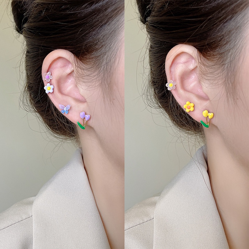 Set Anting Stud Desain Bunga Tulip Kupu-Kupu Warna-Warni Bahan 925 Silver Needle Untuk Wanita