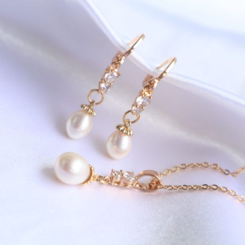 SET MUTIARA ASLI LOMBOK|ANTING PANJANG MUTIARA OVAL TAWAR|RHODIUM|BOX|KADO|BERSERTIFIKAT