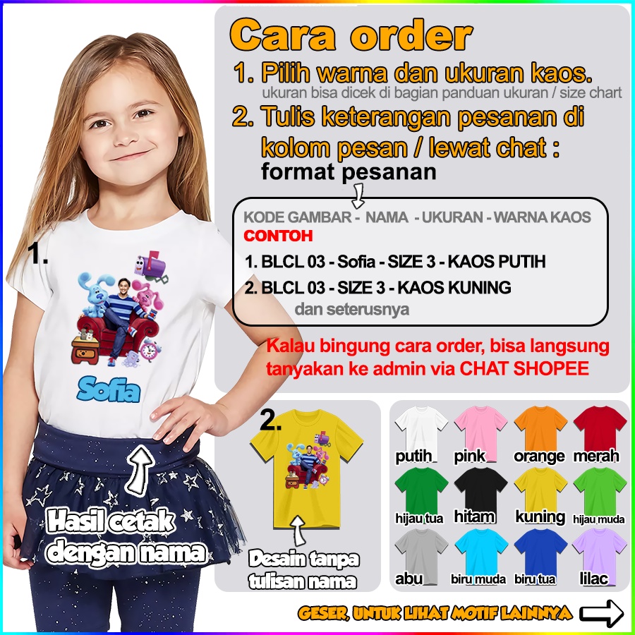 [FREE NAMA!!] Baju Kaos ANAK DAN DEWASA BLUES CLUES BANYAK MOTIF