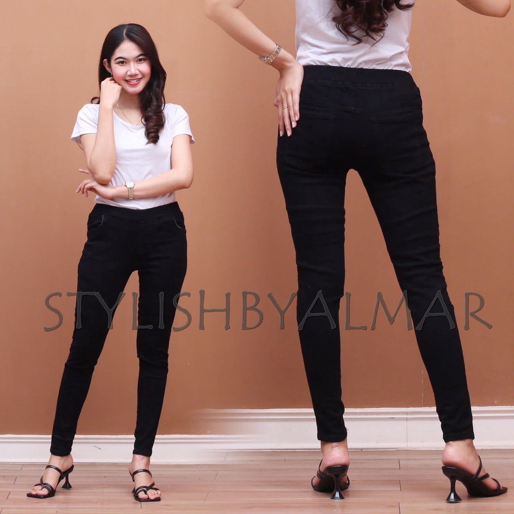 celana jeans wanita pinggang karet legging cewek pensil slim fit ukuran jumbo 31 sampai 42 Hitam biru dongker biru muda abu