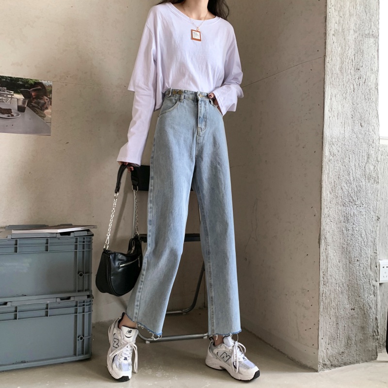 korean style new biru muda straight boyfriend celana jeans longgar wanita
