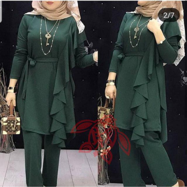 COD SETELAN WANITA NAURA /SETELAN TUNIK JUMBO /ONE SET POLOS/ SETELAN NUMBO / FASHION MUSLIM LAYER-Army