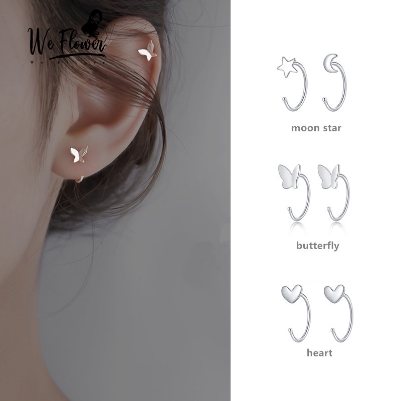 We Flower Anting Kait Klip Tulang Telinga Bentuk Hati Bintang Bulan Butterfly Bahan s925 Silver Plated Gaya Korea Untuk Wanita