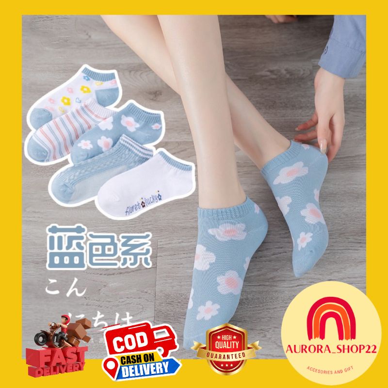 [COD] Kaos Kaki Wanita Import Kaos Kaki Pendek Motif Bunga Biru Fashion Import Ala Korea