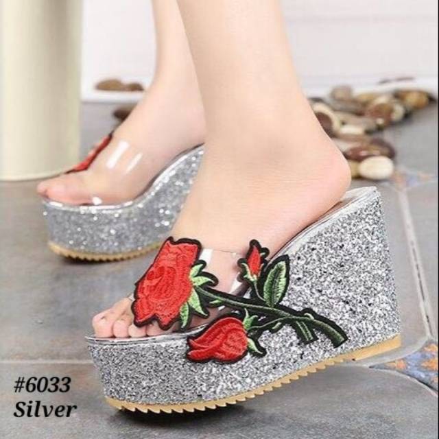 SEPATU IMPORT/SEPATU BATAM/ WEDGES FASHION / Wedges jelly transparan gliters bunga bordir