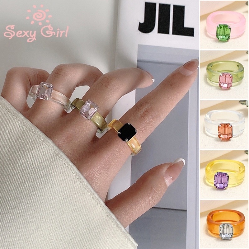 Cincin Berlian Resin Akrilik Transparan Warna Permen Gaya Jepang Korea Selatan Untuk Wanita