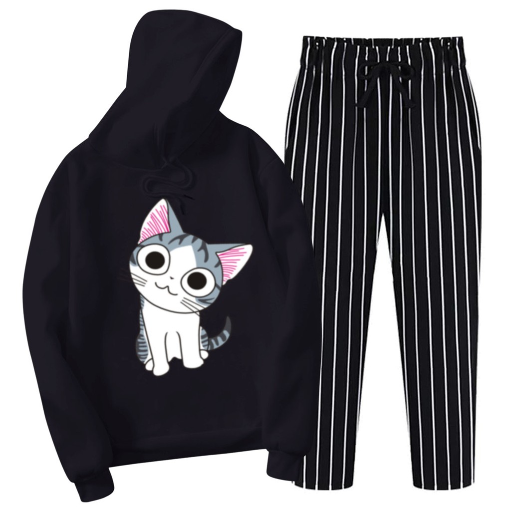 BESS - Setelan Hoodie Wanita Murah / Setelan Hoodie + Celana Salur Hitam - KIKU CAT