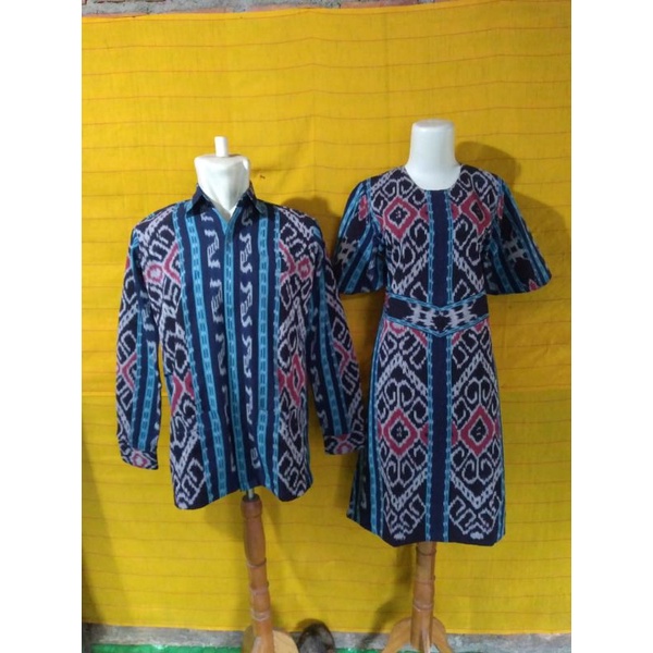 couple dress dan kemeja tenun warna biru