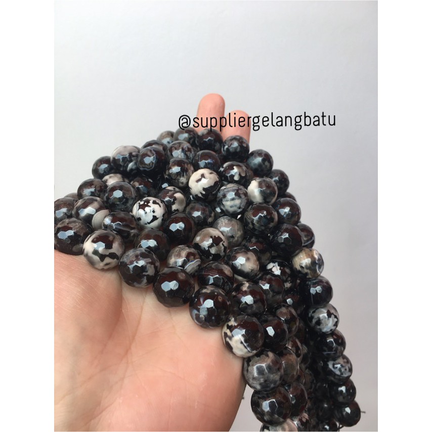 batu dalmantion agate FACETED BEADS 14mm cutting UKIR gelang kalung aksesoris hitam putih trending