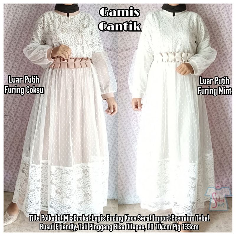 Gamis Tile Polkadot Brokat Mewah, Gamis Putih Mewah, Gamis Tile Brokat Putih, Gamis Lebaran Terbaru