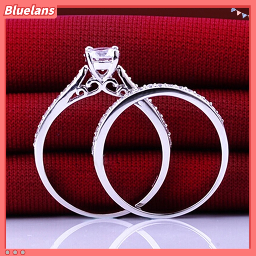 Bluelans 2Pcs Ring Shiny Cubic Zirconia Plated Silver Romantic Couple Finger Ring