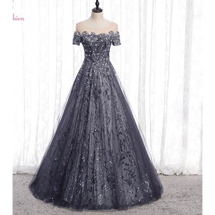 Elegant Grey Evening Dress Short Sleeve Floor-length Sequins Appliques Party Formal Gowns 2020