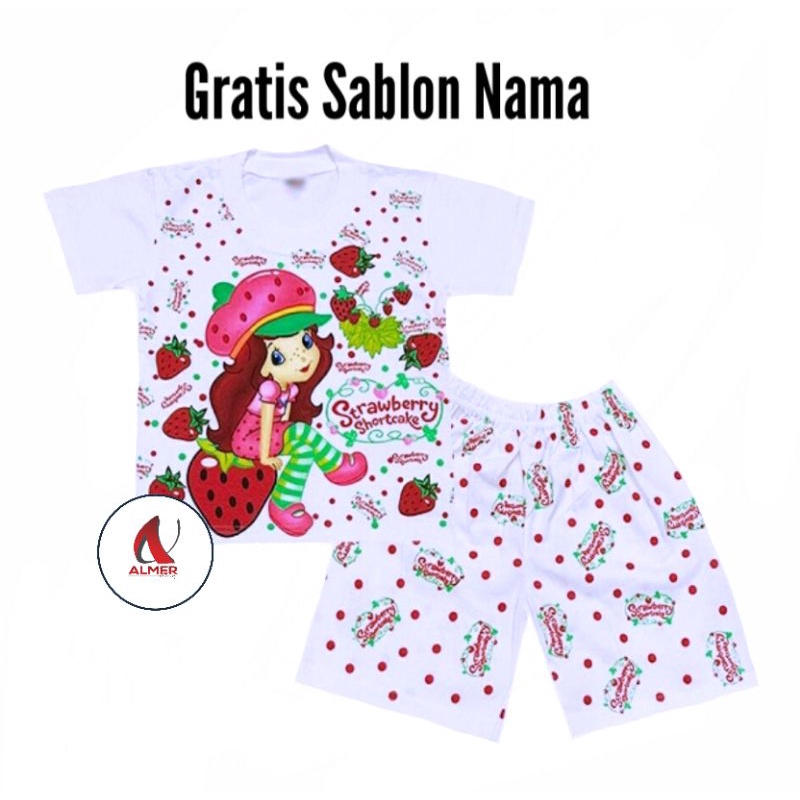 BAJU SETELAN STRAWBERRY GRATIS NAMA/KAOS ANAK PEREMPUAN/BAJU FROZEN,PRINCESS,TAYO GRATIS NAMA/PIYAMA