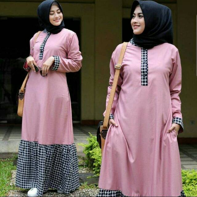 Gamis polos kombinasi kotak