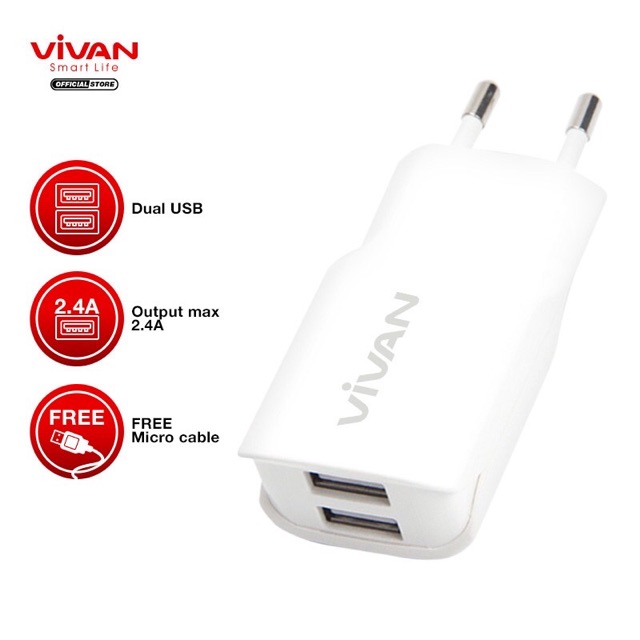 Charger VIVAN Dual USB 2.4A FREE Kabel Micro Adaptor HP Android/iPhone - Garansi 1 Tahun - DD01