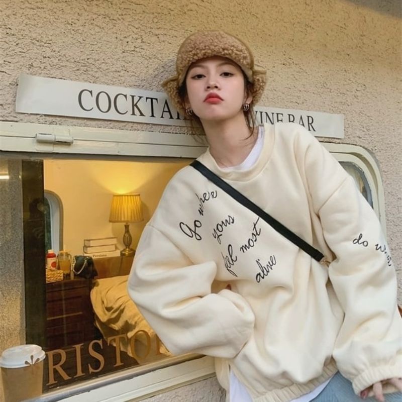 Sweater Crewneck Wanita Koy Tali Kerut Termurah / Bahan Fleece Lembut Dan Tebal