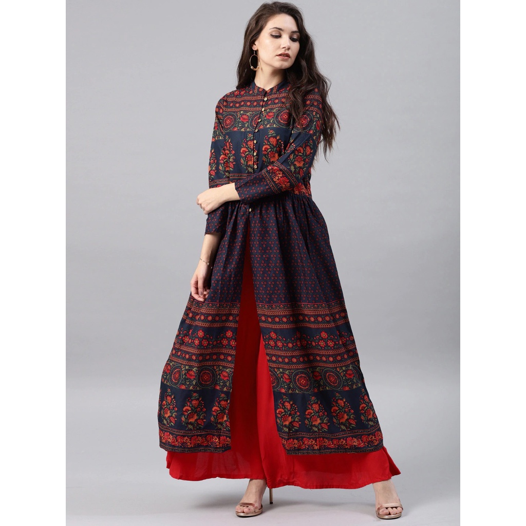 Kurti Vishudh Navy Blue Floral Kurti India Size S M L Baju Wanita India Baju Kurta Anarkali Cantik /