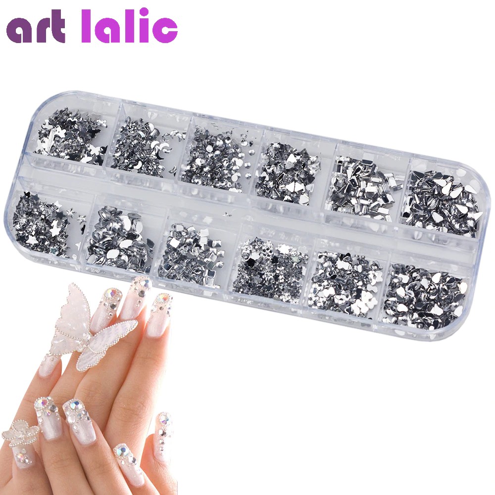 

1 Kasus 12 Mix Crystal Berlian Imitasi Tips Nail Art Kristal Lem DIY Glitter Kancing Desain