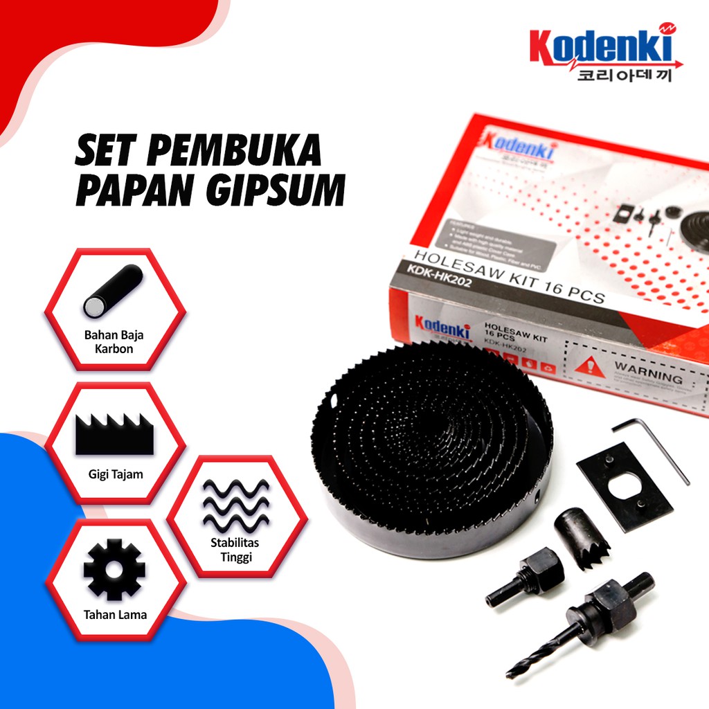 KODENKI K8116 Holesaw Set Kit 16 Pcs - Hole Saw Mata Bor Pelubang Kayu Hidroponik