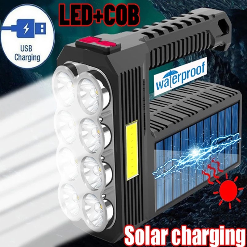 Lampu Senter 8-led COB Tenaga Surya / USB Rechargeable 4 Mode Anti Air Untuk Hiking / Camping / Survival