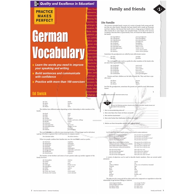 Complete German All in One / Basic German / Verb Tenses / Grammar / Vocabulary / Conversation / Sentence Builder - Practice Makes Perfect | Buku Bahasa Jerman Percakapan-German Vocabulary