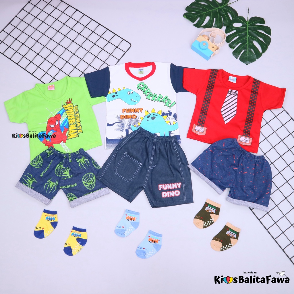 BUNDLING HEMAT / Isi 3 Setelan Baju Baby Boy &amp; 3 Kaos Kaki New Born / Baju Anak Laki Setelan Celana