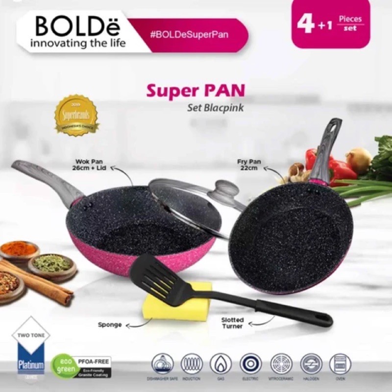 Bolde Set Black Pink Panci Cookware Set 5 PCS Anti Lengket