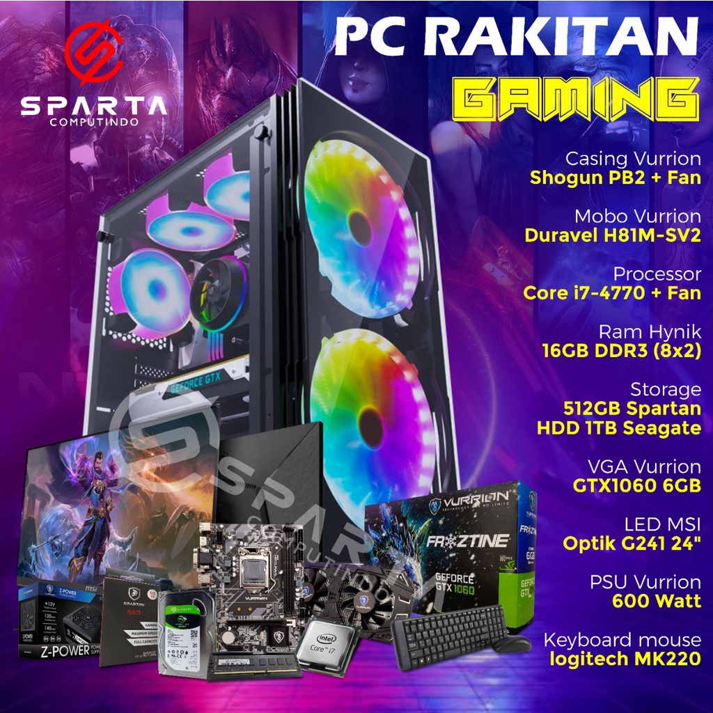 PAKETAN PC RAKITAN GAMING I7 GTX1060 6GB LED MSI Optik 24 inch Gaming Series