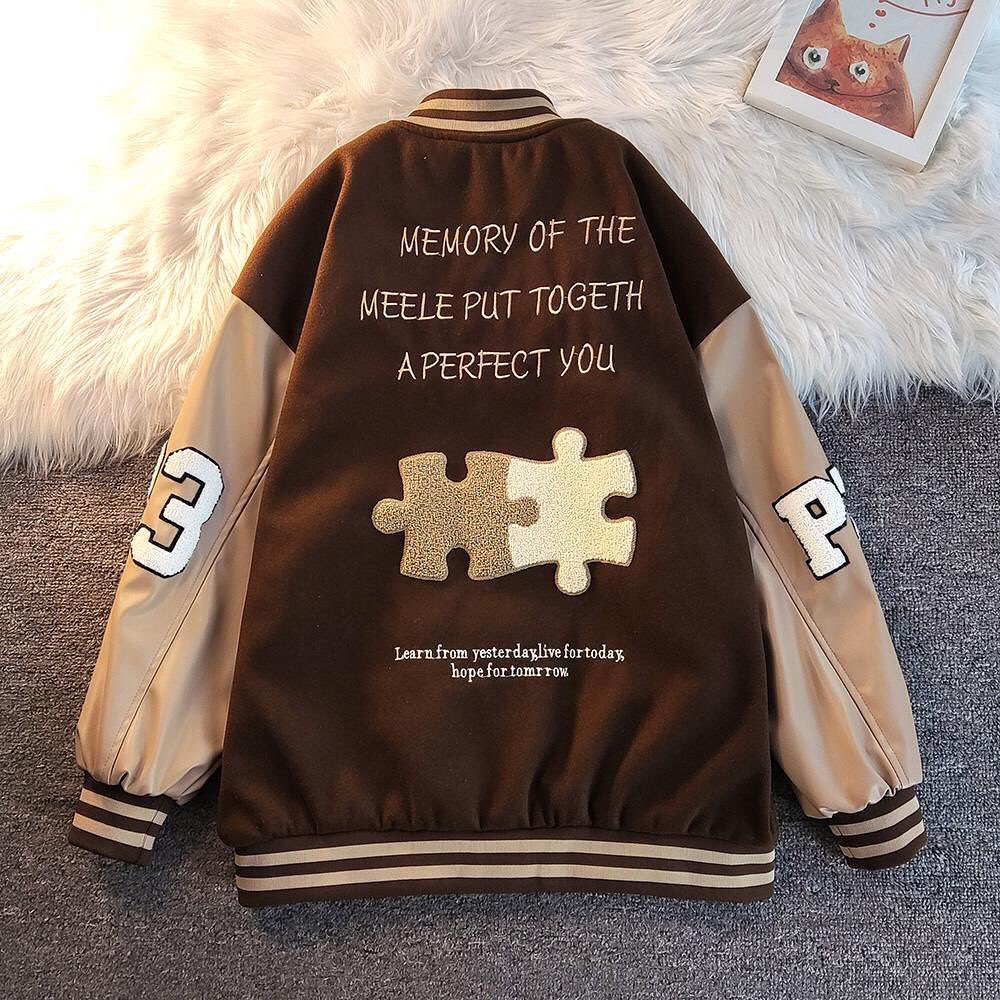 PUZZLE A CHOCK BROWNIE VARSITY BASEBALL OVERSIZE / BOMBER JAKET BISBOL KOREA STYLE A Baseball Varsity Jacket Premium Unisex Wanita Pria Cowok Outerwear Oversize  Matt Fleece Tebal