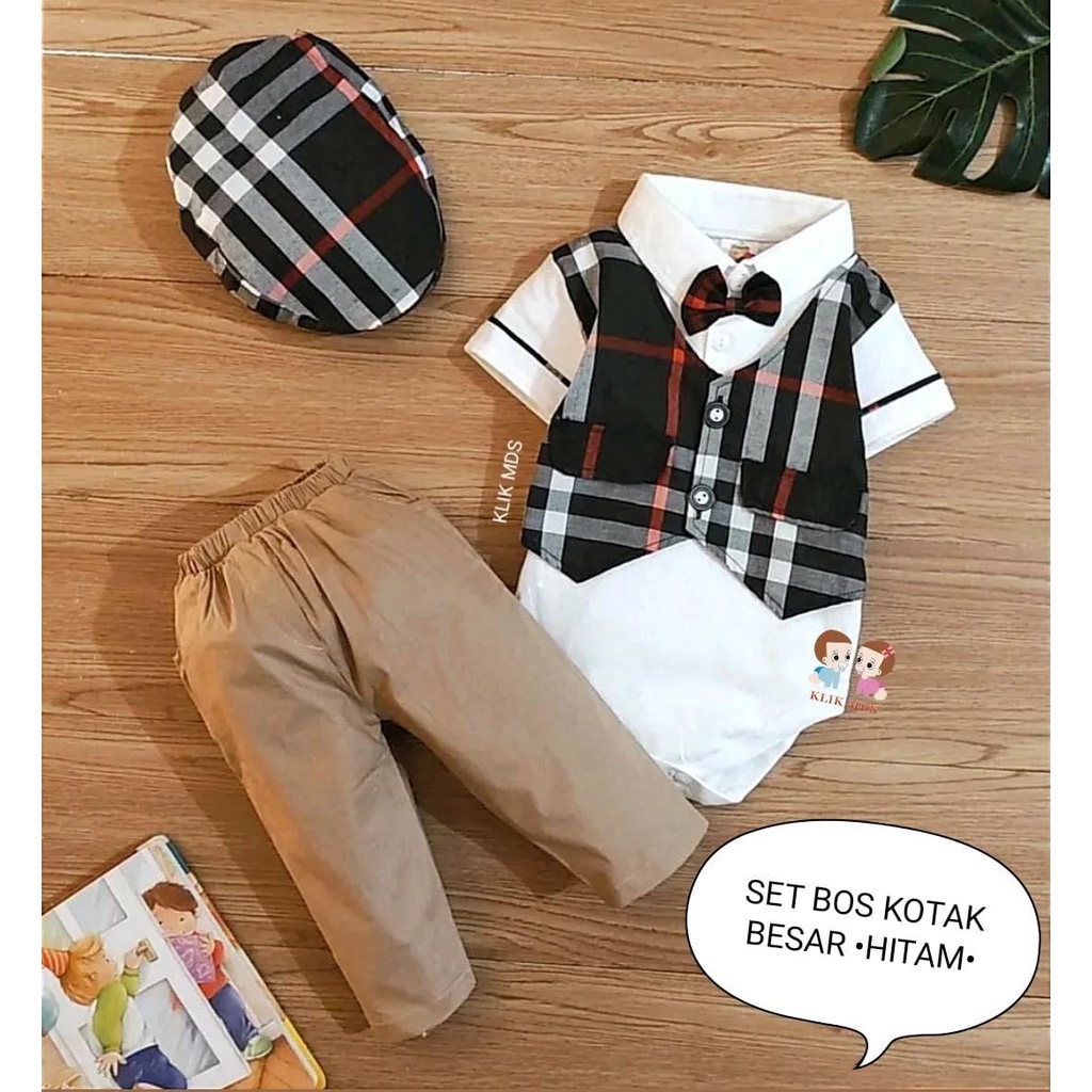 Jumper Bayi Laki-Laki / Setelan Anak Cowok Dengan Model Rompi Dan Celana Katun Usia 0-9 Bulan Motif Set Bos Kotak