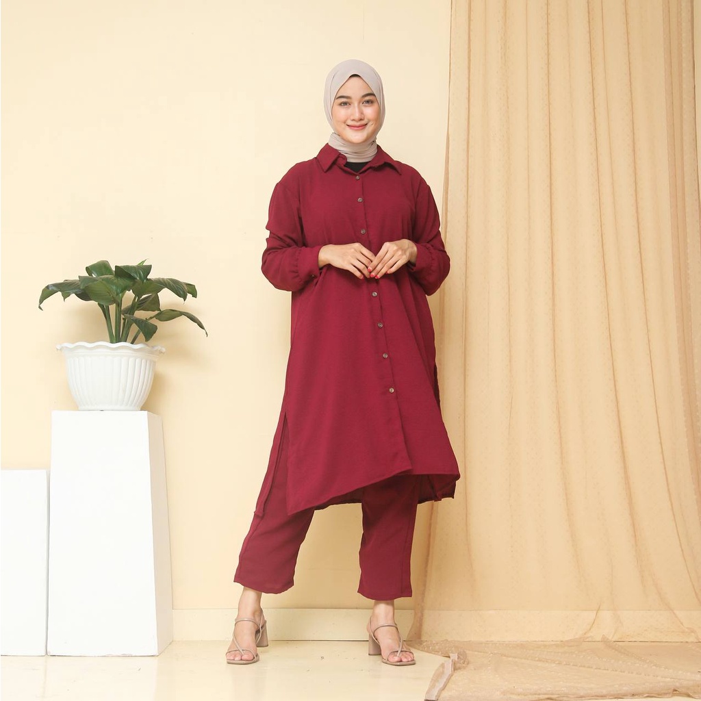 Oneset Tunik Adhisa Crinkle Airflow / Setcel Tunik Crinkle Airflow Busui / Setelan Tunik Crinkle Variasi Kancing Belakang Kancing Depan Full Hidup