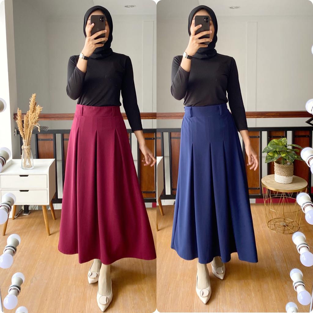 ROK WANITA PANJANG POLOS BAWAHAN WANITA BAHAN WEDGES FLARE SKIRT ALL SIZE FIT TO XL LONG POLOS WARNA
