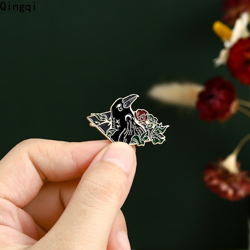 Bros Pin Enamel Bentuk Gagak Bulan Bunga Daun Awan Gaya Gothic Untuk Perhiasan