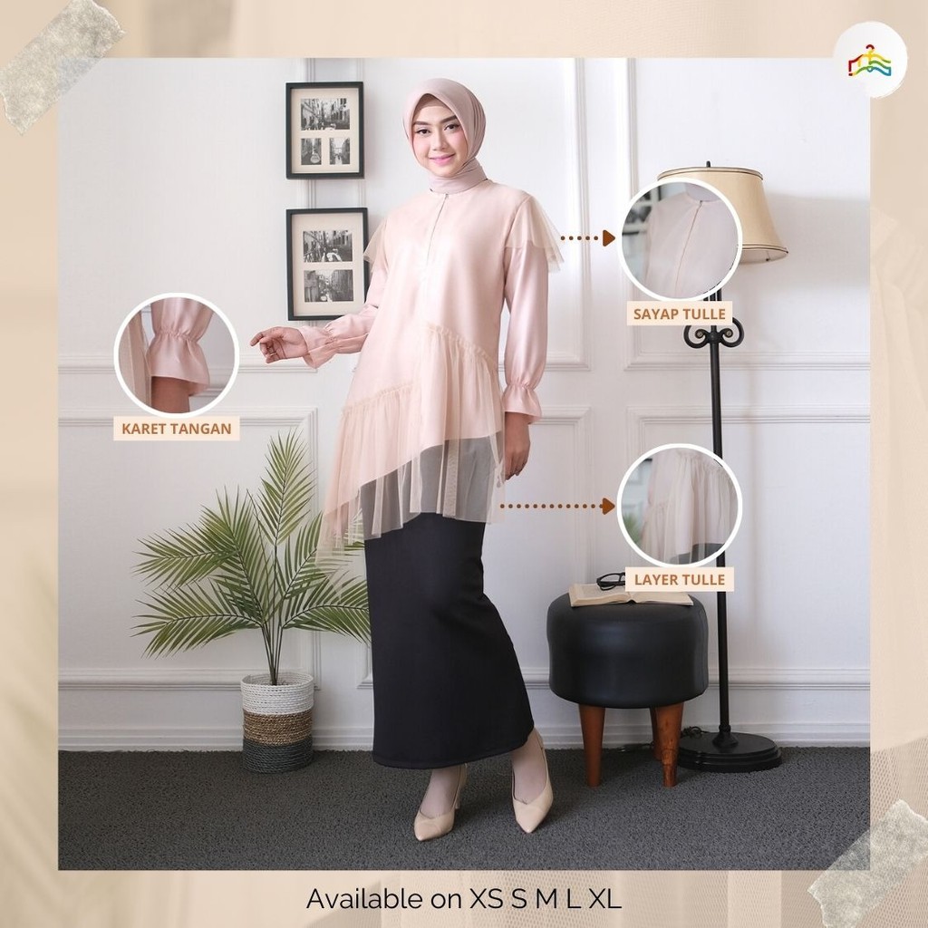 Modesee Tunik Tulle Polos Wanita Muslim, Atasan Polos, Atasan Tile Mewah, Tunik Kondangan Mewah