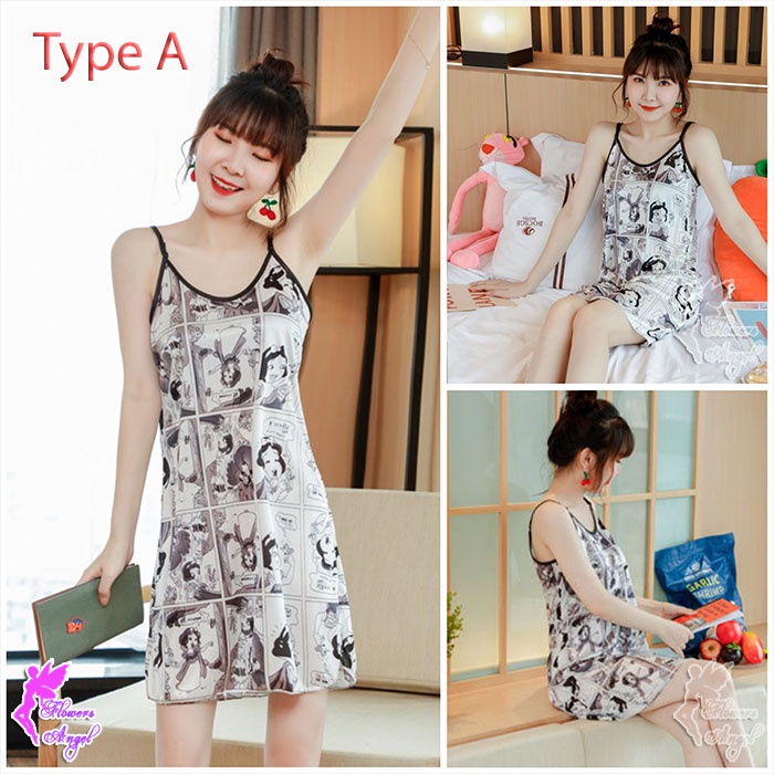 Daster Baju Tidur Wanita Satin Sexy Sleepwear-A - Hitam/Putih