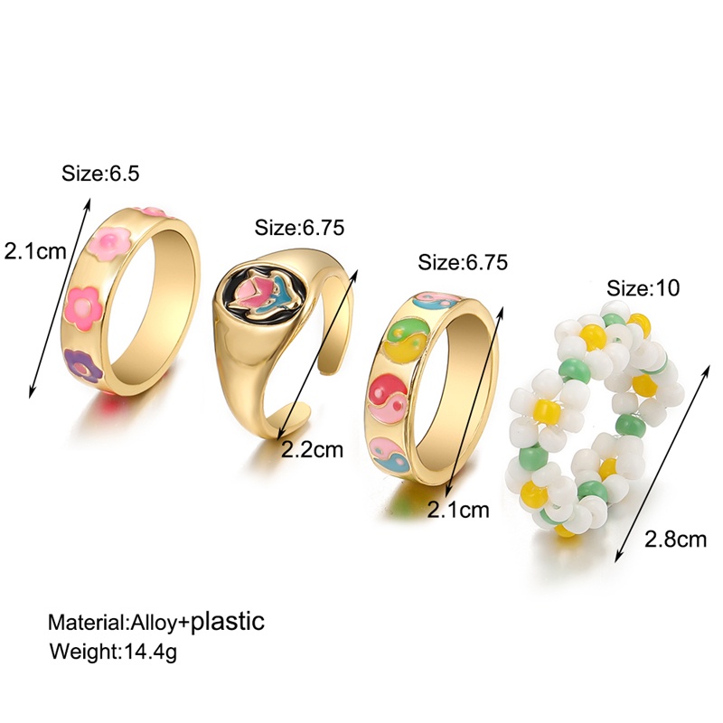 5Pcs/set Retro Rings Set Oil Dripping Heart Resin Beads Ring Women Ins Fashion Geometry Jewelry Accessories