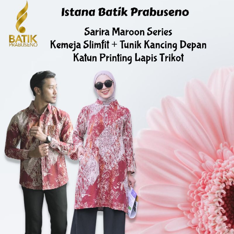 Sarira Maroon Couple Series Batik Prabuseno Kemeja Slimfit Lengan Panjang Tunik Kancing Depan Busui 