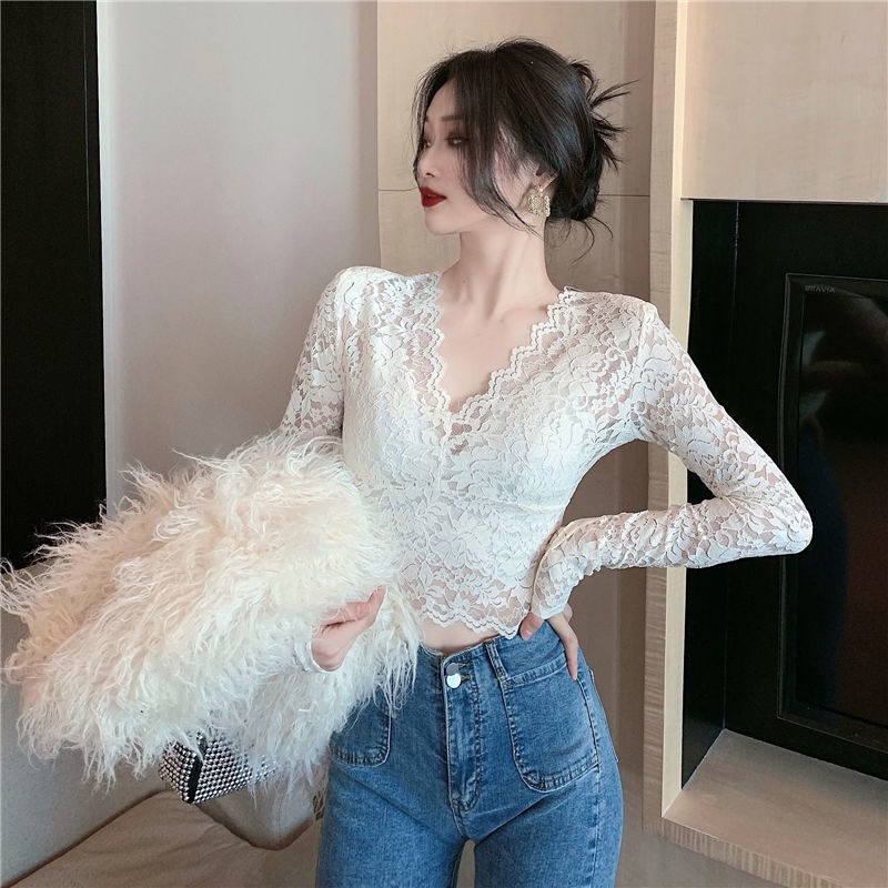 atasan renda import lace bottoming shirt women v-neck sexy mesh with foreign high-end small top shor