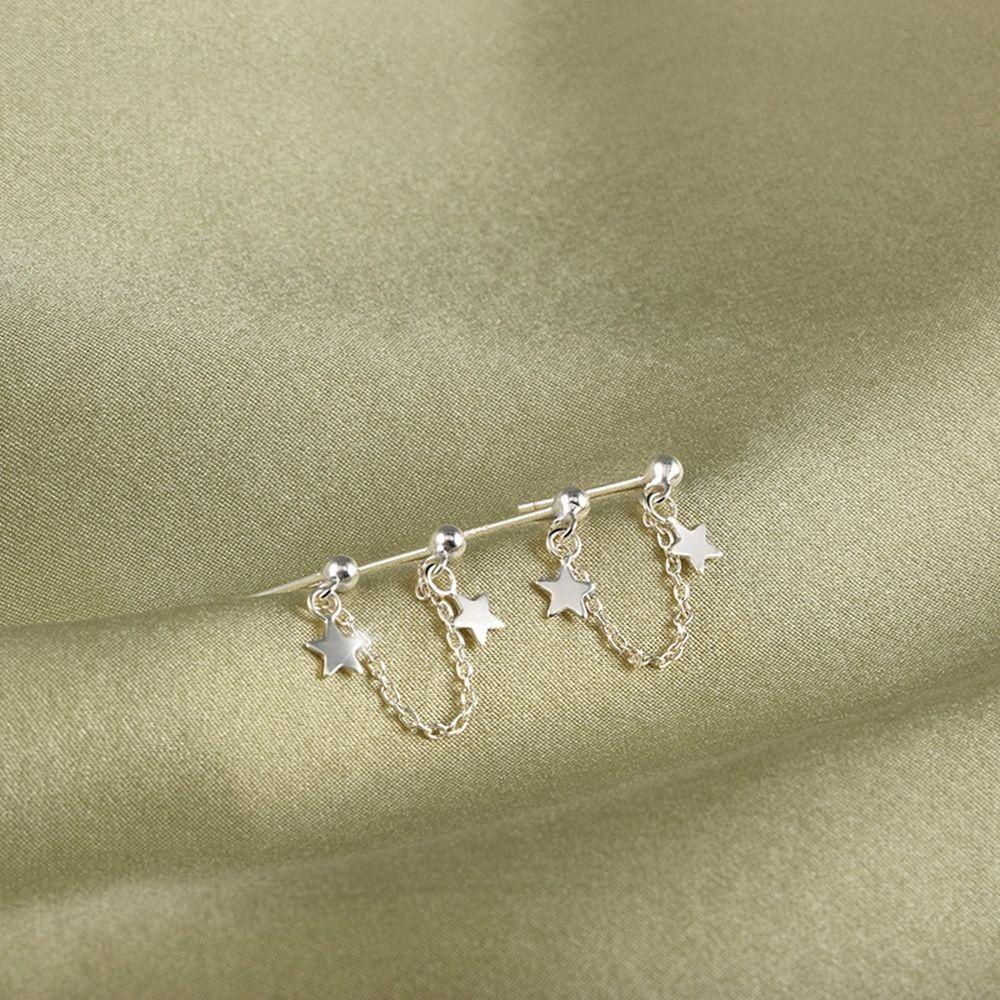 Mxbeauty Anting Rantai Telinga Geometris Sederhana Wanita Bintang Berujung Lima Tembaga Rumbai Link Perempuan Ear studs