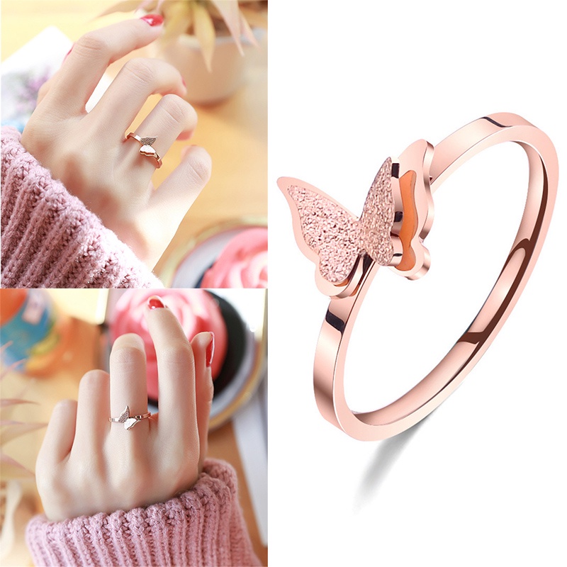 Rose Gold Titanium Steel Perhiasan Jari Telunjuk Kupu-kupu Sederhana untuk Wanita